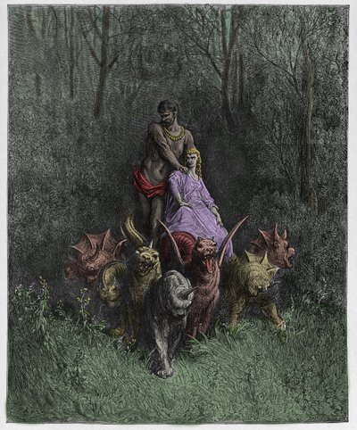 Purgatorio, Canto 32: The giant and the harlot in the chariot (illustration from The Divine Comedy) by Gustave after Dore